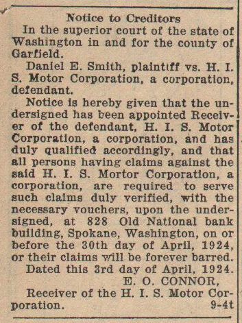 classified ad regarding bankruptcy of HIS Motors, April, 1924