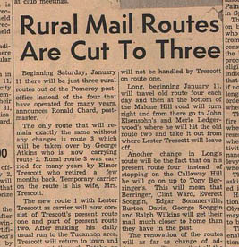 scan of part of the article from 1958 regarding rural route changes in Garfield county.
