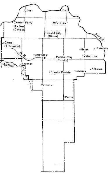 map of Garfield County, Wash., with post offices marked