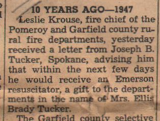 Clipping from 'Down Memory Lane' column of 1954 about a gift to the Pomeroy fire departmnent in 1947.