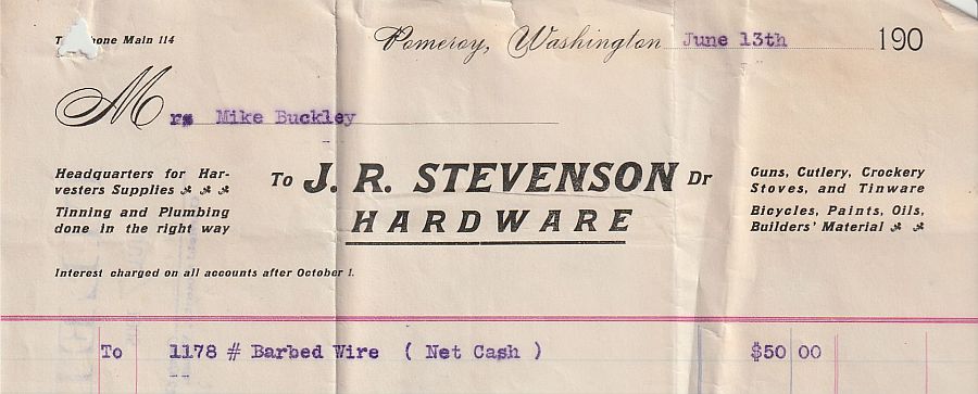Top of a sales receipt from J. R. Stevenson Hardware, Pomeroy WA, 1905