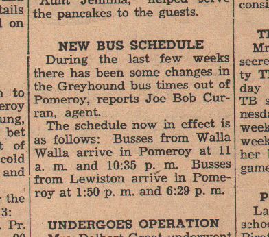 News bit from Feb. 1957 on Greyhound bus schedule for Pomeroy