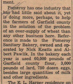 Down Memory Lane column snippet about the new owners in 1932 of the Pomeroy Sanitary Bakery