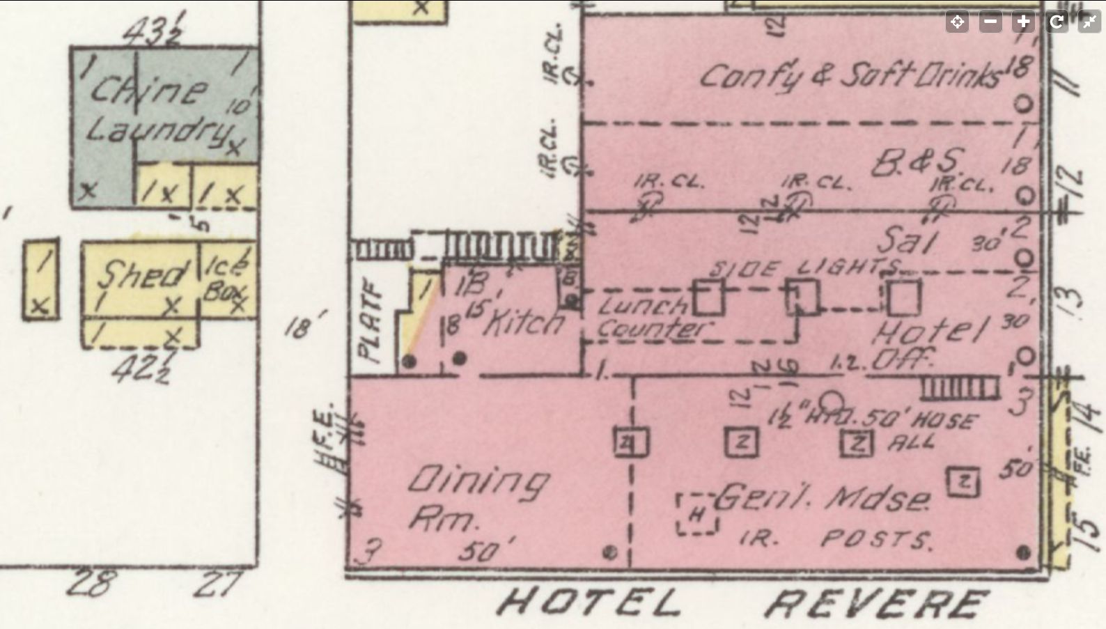 1908 Pomeroy Fire Map showing the Hotel Revere, Pomeroy WA