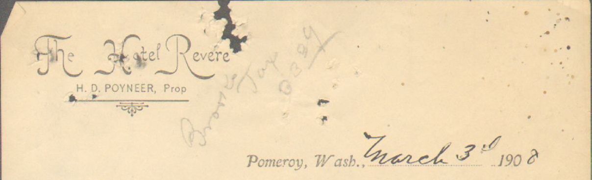 1908 Hotel Revere, Stationary, Pomeroy WA