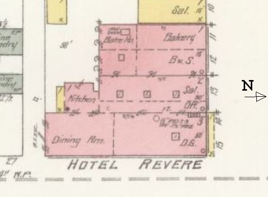 portion of Sanborn Fire Map, Pomeroy, from 1904 showing Hotel Revere and this location