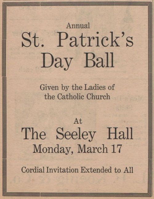 Advertisement for the St Patrick's Day Ball held 3/17/24 at the Seeley Hall, Pomeroy, Washington