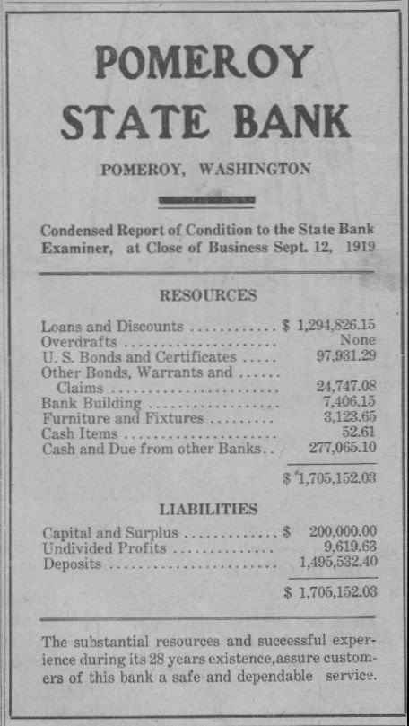 Pomeroy State Bank, Pomeroy Washington, 1920s newspaper advertisement