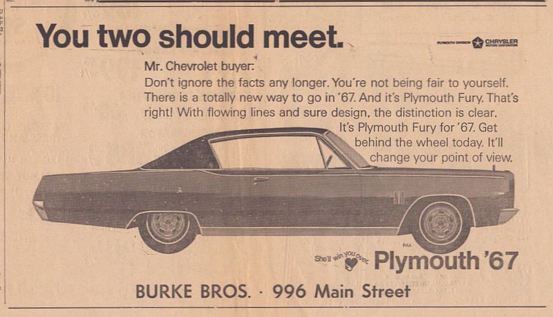 advertisement from 1966 for a 67 Plymouth Fury