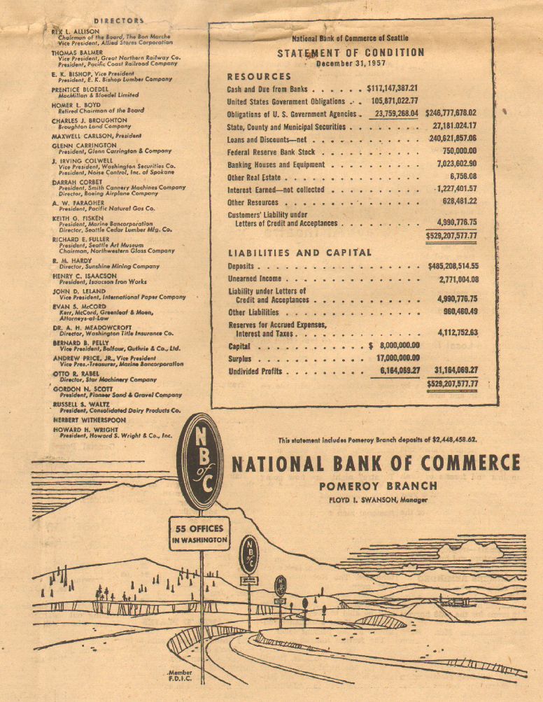 National Bank of Commerce advertisement from jan, 1958, showing bank's statement