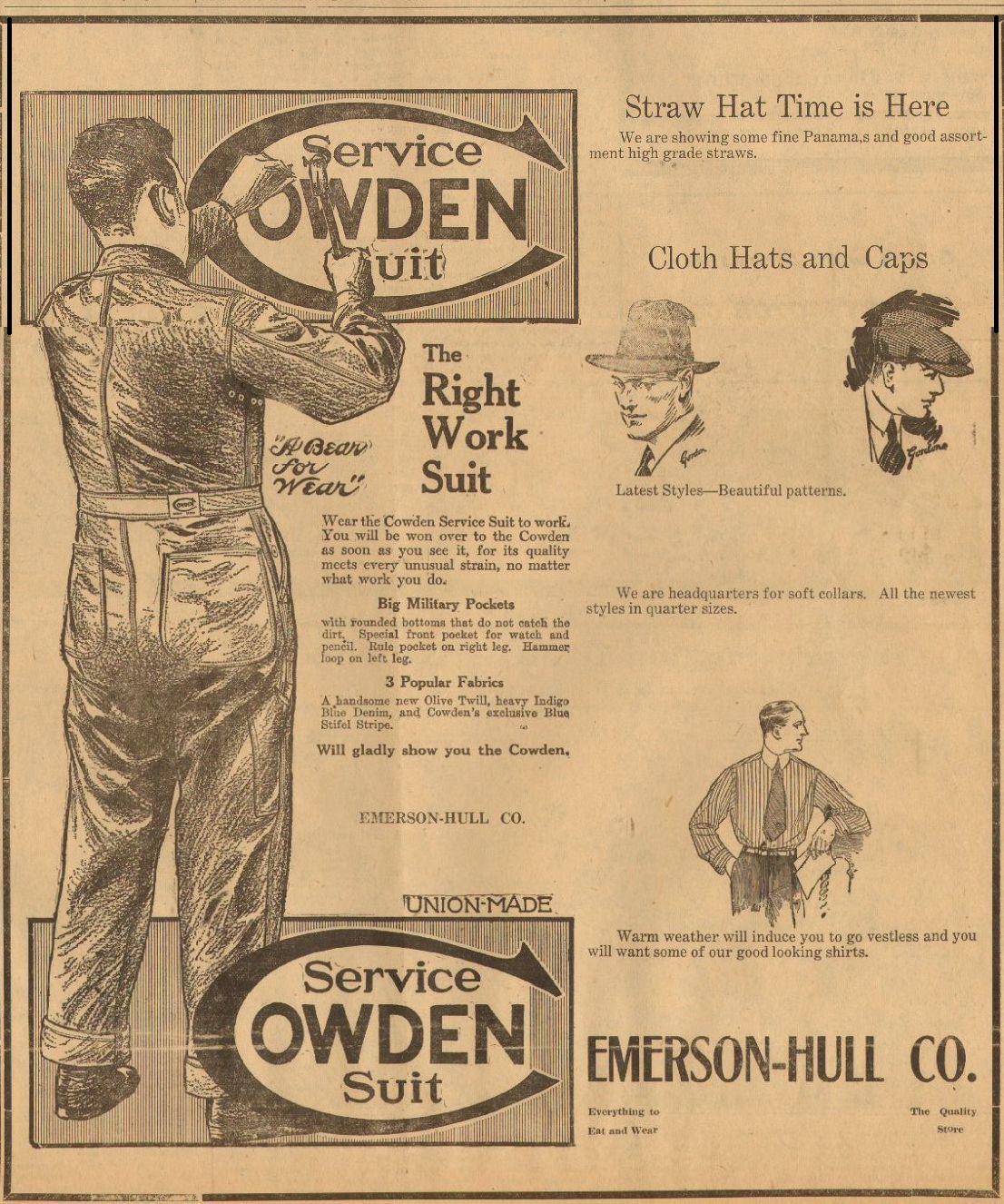 Emerson-Hull, Pomeroy WA, 1920 advertisement for 'Cowden Suits'