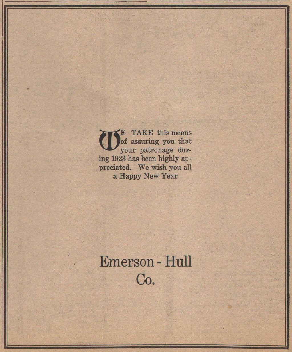 Emerson-Hull, Pomeroy WA, 1923/24 New Year's advertisement