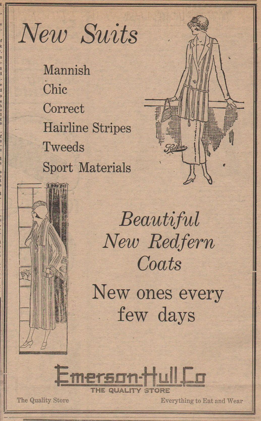 Emerson-Hull, Pomeroy WA, 1924 advertisement for mannish clothes for women