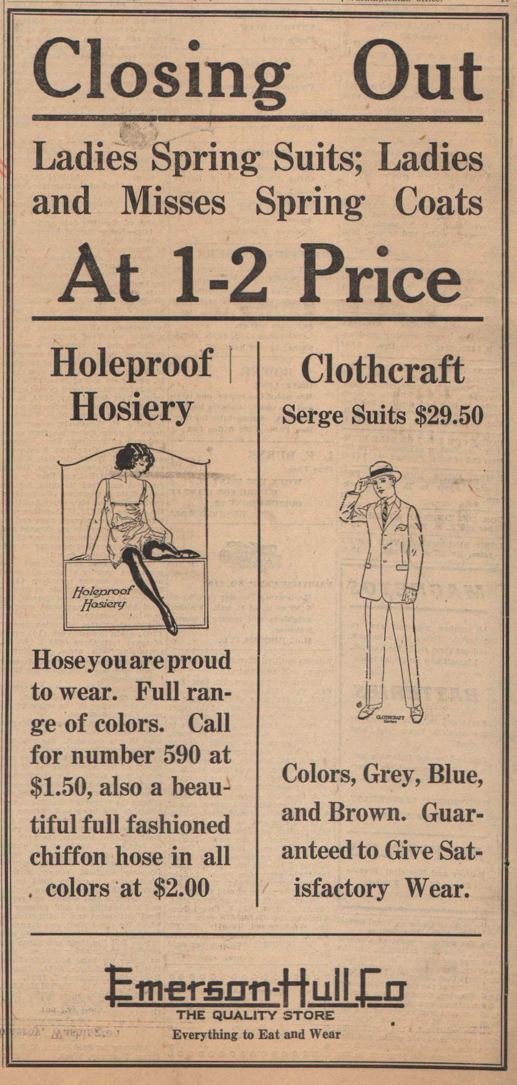 Emerson-Hull, Pomeroy WA, 1924 clearance advertisement