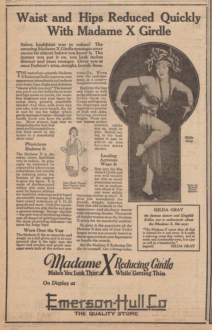 Emerson-Hull, Pomeroy WA, 1924 Madame X Girdle advertisement
