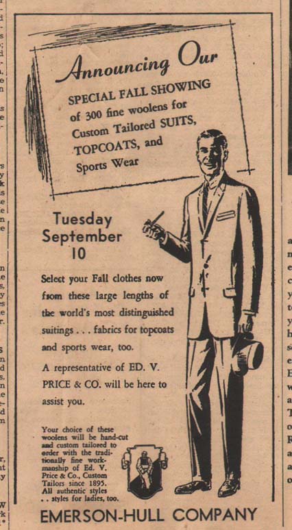 1957 advertisement from Emerson-Hull for Custom tailored suits and topcoats