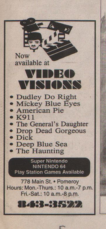 Video Visions, video rental store in Pomeroy, advertisement for current releases.
