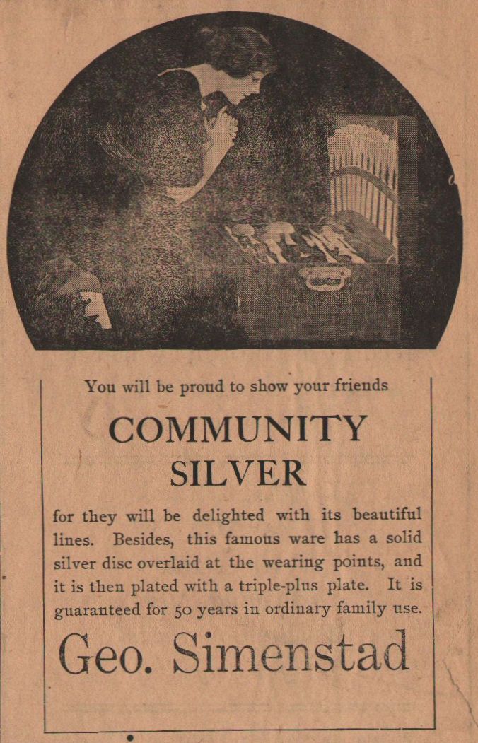 November 1916 Geo. Simenstad advertisement for Community Silver
