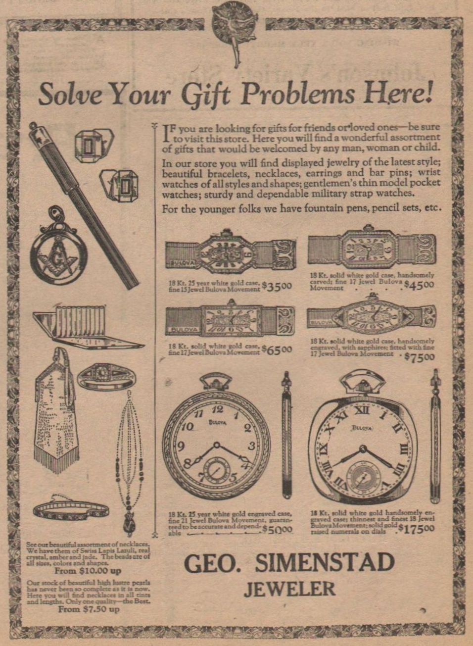 December, 1923, Geo. Simenstad Christmas gift advertisement