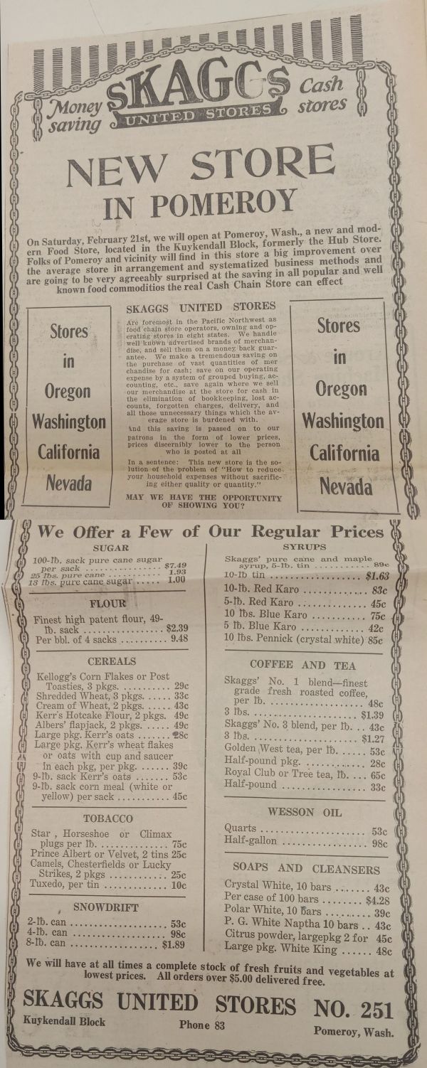 February, 1925, advertisement for Skaggs United Store in Pomeroy  WA