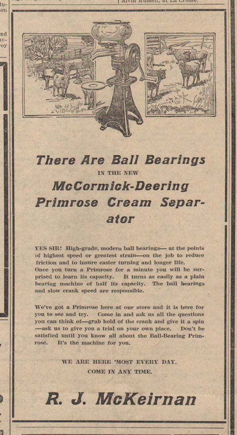 McKeirnan's Hardware advert for McCormick Cream Separator in 1924