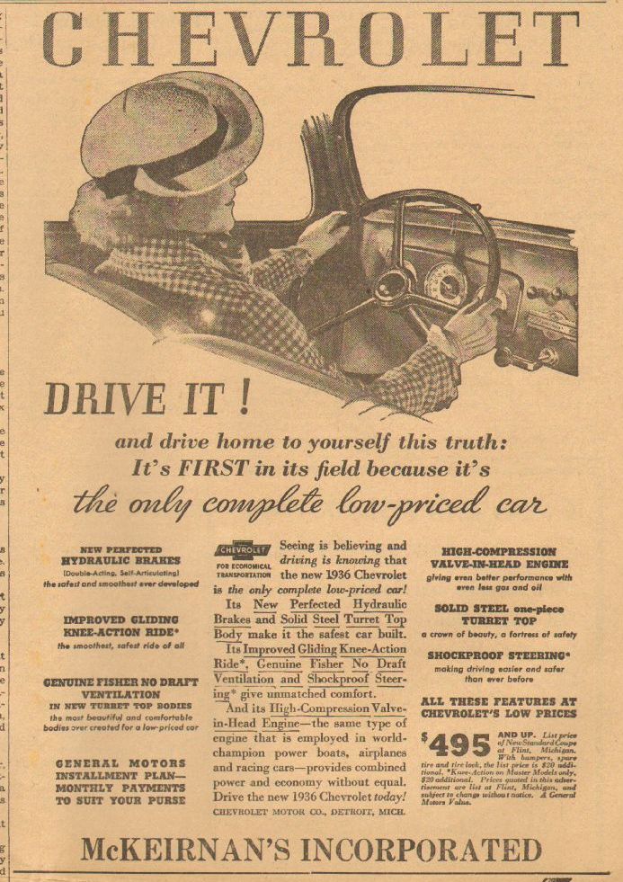 McKeirnan's Inc. advert for Chevrolets in 1936