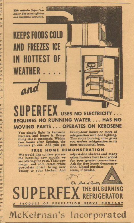 Superfex Refrigerator, McKeirnan's Inc advert in 1936