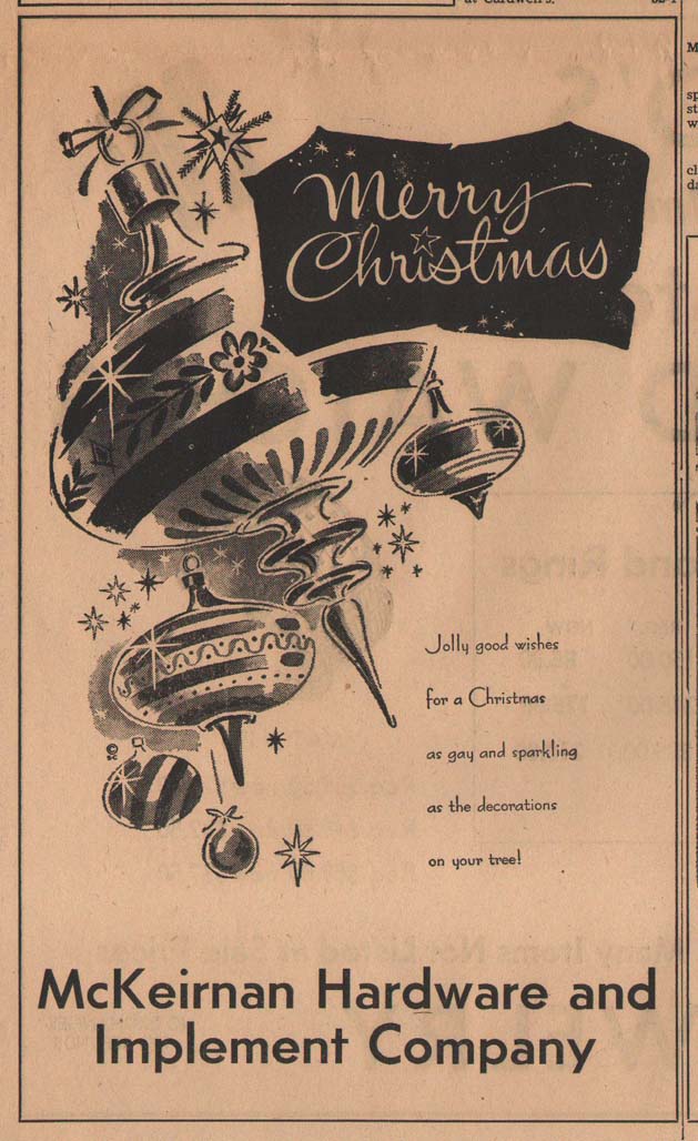 McKeirnan's Hardware Christmas advertisement, December, 1956