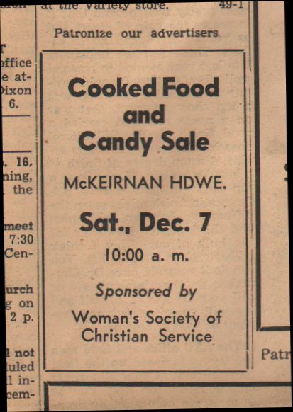Woman's Society cooked food sale at McKeirnan's Hardware advert on Dec 7, 1957