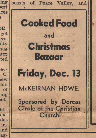 Christian Church cooked food sale at McKeirnan's Hardware advert for Dec 13, 1957