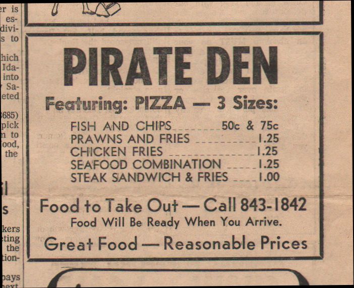 Pirate Den advertisement from February, 1971