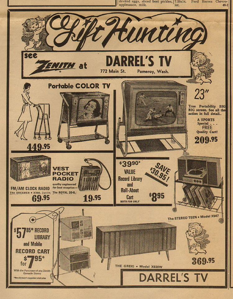 Advertisement for Christmas gifts at Darrel's TV in Pomeroy, 1966