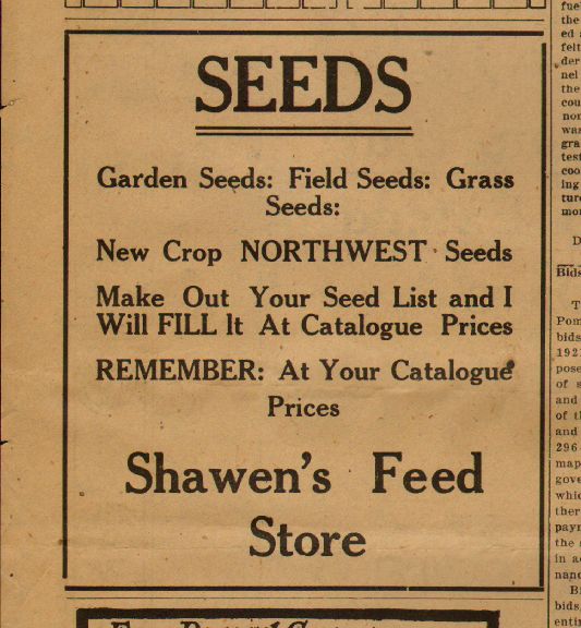  ad from Shawen's Feed, Pomeroy WA, 1921