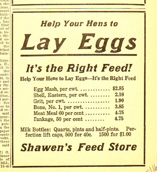  ad from Shawen's Feed, Pomeroy WA, 1924
