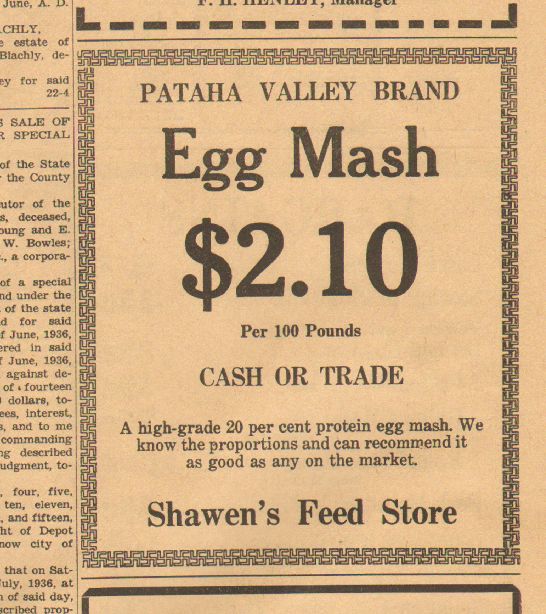  ad from Shawen's Feed, Pomeroy WA, 1936