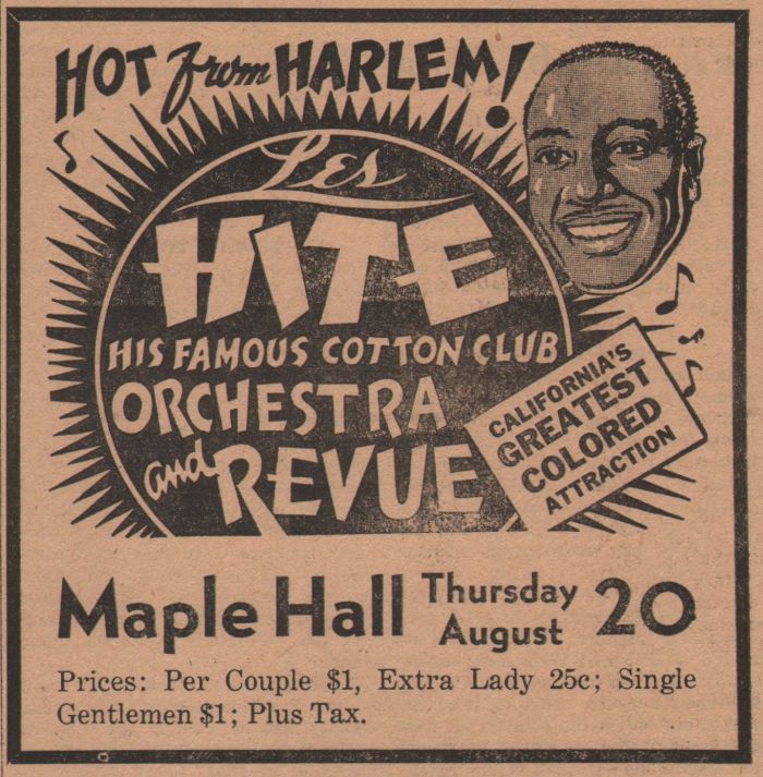 Newspaper advertisement for Les Hite and His Famous Cotton Club Orchestra