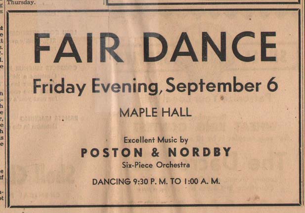 Advert for the fair Dance at Maple Hall, Pomeoy, Sept 1957