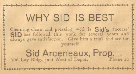 1913 advertisement for Sid Arceneaux 