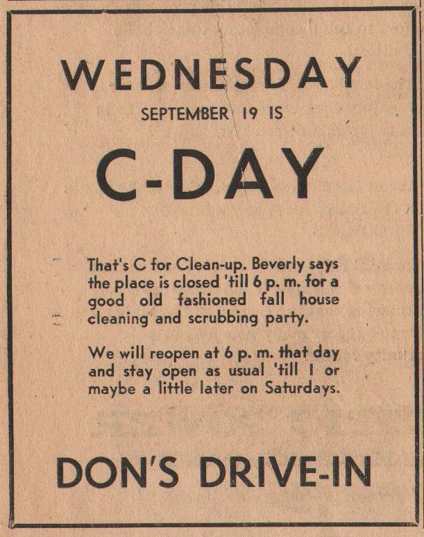 An advertisement from Don's Drive-In for 'Clean Up Day' in 1956