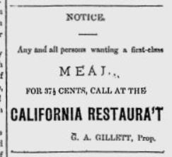 California Restaurant, Pomeroy WA, advertisement, 1882