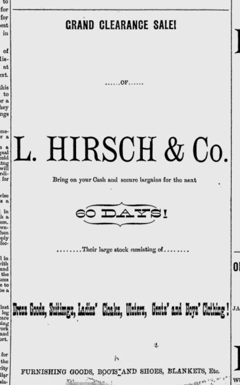 L Hirsch & Co., Pomeroy WA, advertisement, 1882