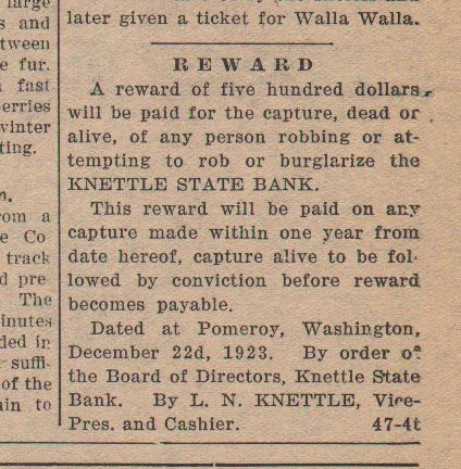 1924 article, bank offers reward image 