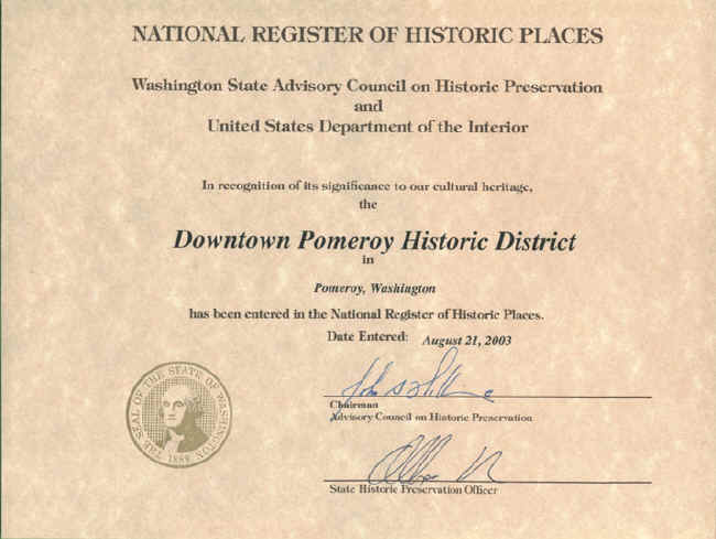 The National Register certificate